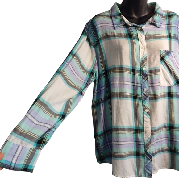 Arizona Jean Co Women's Green White Plaid Button Down Cotton Shirt Size XL - Picture 4 of 6